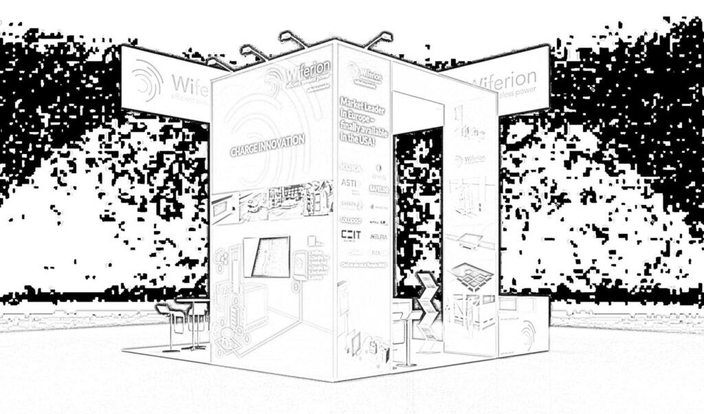 Wiferion concept sketch: an angular hanging sign above a tall central tower and product counters