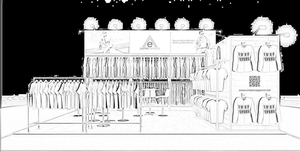 Empire Apparels concept sketch: rows of hanging garments around an open product-display floor