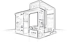 Prestige Biopharma concept sketch: an overhead frame above screens, meeting chairs and an angular reception counter