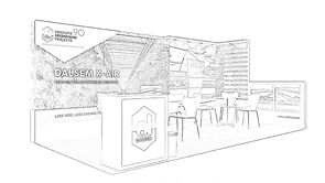 Dalsem concept sketch: a greenhouse graphic back wall behind a reception counter and meeting table