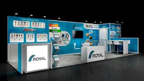 Royal Composites 3D rendering: wall-mounted product samples behind a long reception counter