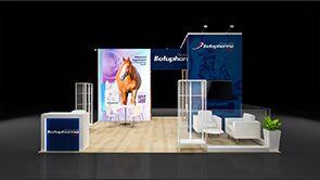 Botupharma 3D rendering: a tall graphic wall beside a reception counter and stools