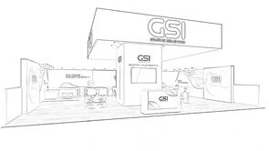 GSI concept sketch: a large rectangular hanging sign above display walls and reception counters