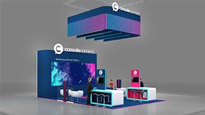 Console Connect 3D rendering: an illuminated overhead sign above video displays and reception counters