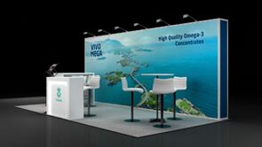 G.C. Rieber 3D rendering: a coastal graphic back wall behind a reception counter and café table