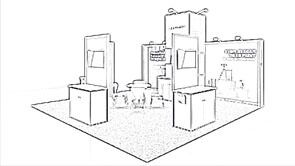 Shining 3D concept sketch: a tall central tower and graphic back wall around product-display pedestals