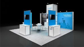 Shining 3D 3D rendering: a tall central tower and graphic back wall around product-display pedestals
