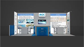 AGC Multi Material America 3D rendering: a broad back wall with display panels, a central counter and café tables