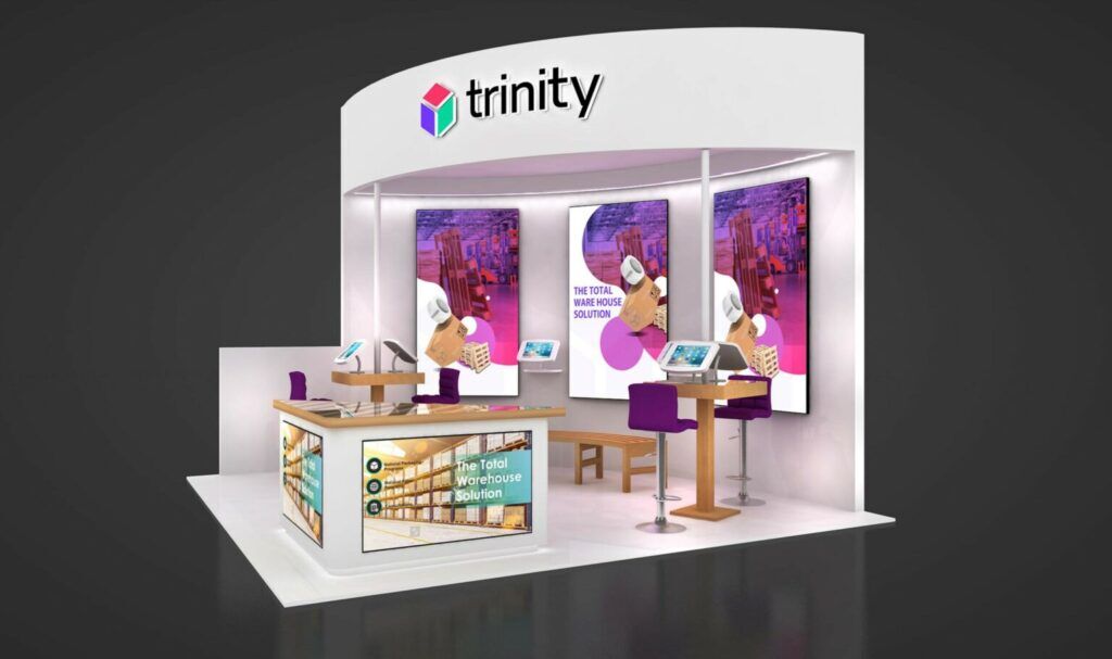 Trinity 3D rendering: a compact display wall with graphic panels, a reception counter and stools