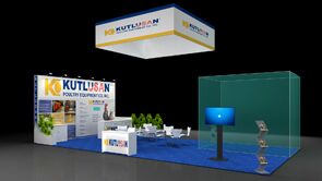 Kutlusan 3D rendering: a rectangular hanging sign over a long equipment display
