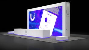 UI 3D rendering: a broad back wall with a reception desk across the open front