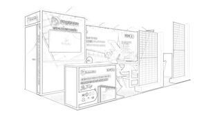 Philadelphia Solar concept sketch: a corner booth with upright solar panels, a screen and a front counter