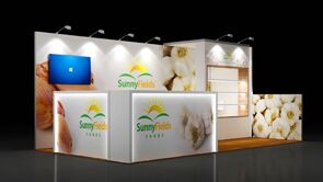 Rabbex LLC 3D rendering: tiered display walls with floral graphics, a front counter and a round table