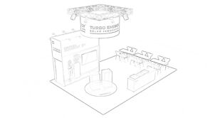 Turbo Energy concept sketch: a circular hanging sign above product displays and reception counters