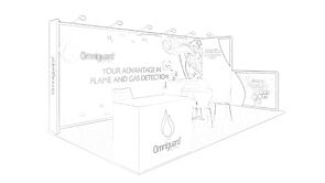 Firefly concept sketch: a sweeping graphic back wall behind an angular counter and meeting tables
