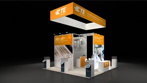 TE CONNECTIVITY 3D rendering: a rectangular hanging sign above a tall central product-display tower