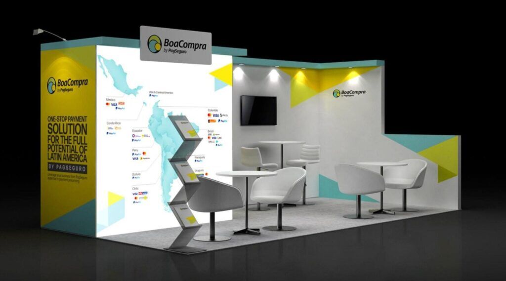 BoaCompra 3D rendering: an angled graphic wall behind a reception desk and tall café stools