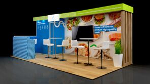 Galactic 3D rendering: a long graphic wall above a counter lined with bar stools