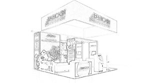 Fabicash concept sketch: a rectangular hanging sign above demonstration stations and reception counters