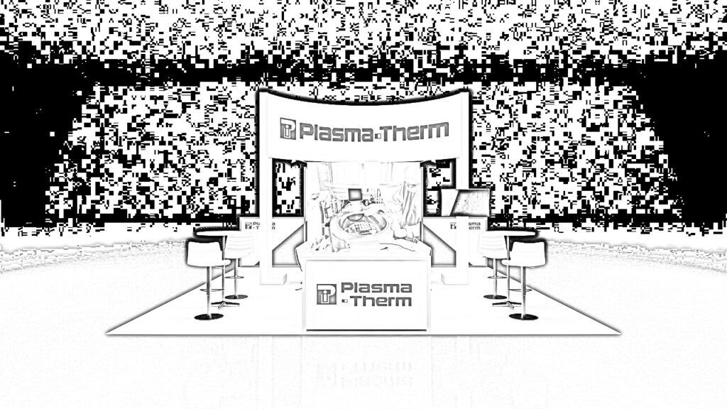 Plasma Therm concept sketch: a framed display tower with a central screen and reception counter