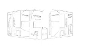 Northway Biotech concept sketch: angled display walls around a screen, reception desk and meeting tables
