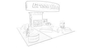 Green Climber concept sketch: a circular hanging sign above an open floor displaying compact tracked machines