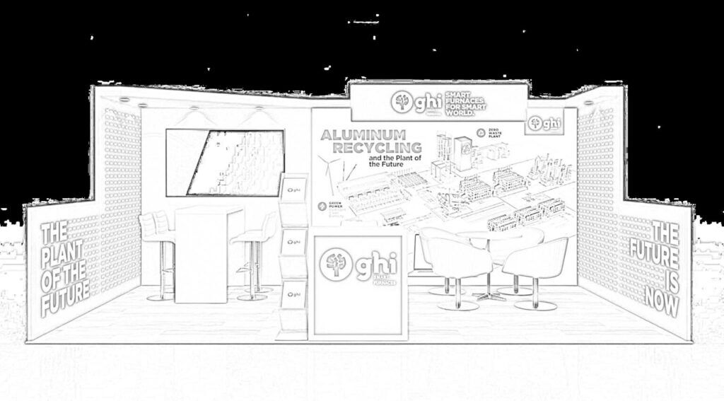 GHI concept sketch: a graphic back wall behind a reception counter, meeting table and stools