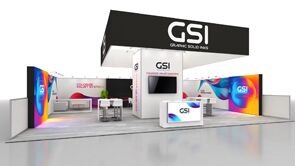 GSI 3D rendering: a large rectangular hanging sign above display walls and reception counters