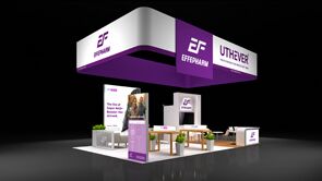 Effepharm 3D rendering: a suspended box sign over a central tower and freestanding product stations