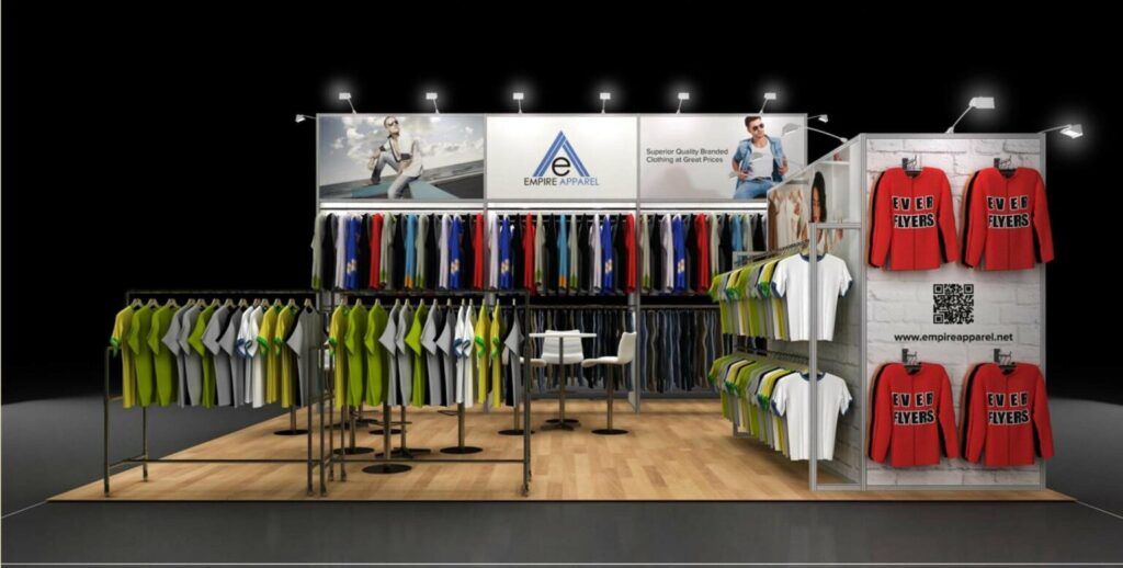 Empire Apparels 3D rendering: rows of hanging garments around an open product-display floor