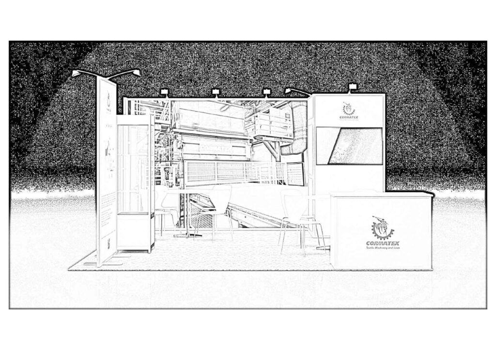 CORMATEX concept sketch: a compact graphic back wall behind a reception counter and meeting table
