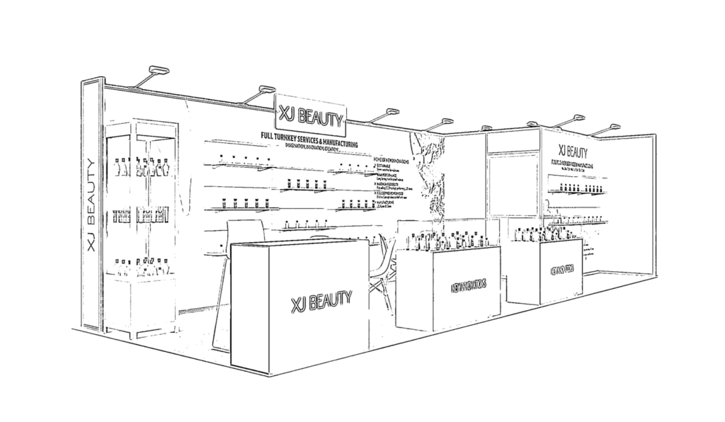 XJ Beauty concept sketch: product shelving and graphic panels around a central reception counter