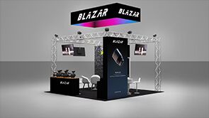 Blazar Lens 3D rendering: a tall central display tower beneath a suspended rectangular sign