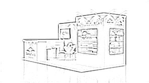 Nehal Naturals concept sketch: tiered product shelves around a central reception counter and seating