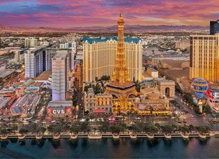 Las Vegas Strip hotels and skyline at sunset
