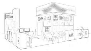 Kozut concept sketch: an overhead frame supported by tall display columns around an open meeting area