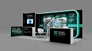 Diemme Filteration 3D rendering: a curved graphic panel behind a reception counter and meeting table
