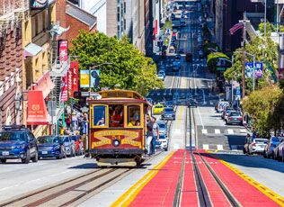 Cable car on a steep San Francisco street