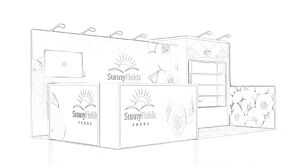 Rabbex LLC concept sketch: tiered display walls with floral graphics, a front counter and a round table