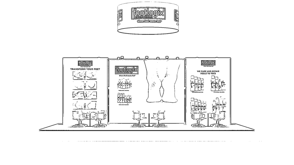 Footlogix concept sketch: a circular hanging sign above product shelves, posters and a seating area