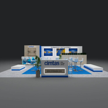 Cimtas booth with blue-and-white counters, meeting tables and an open island layout.