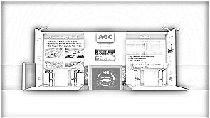 AGC Multi Material America concept sketch: a broad back wall with display panels, a central counter and café tables