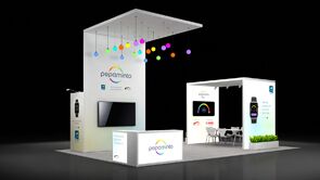 Variowell 3D rendering: an angular canopy with patterned graphics above a screen and reception counter