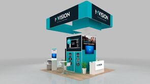MVISION 3D rendering: a rectangular overhead sign supported above display walls and counters