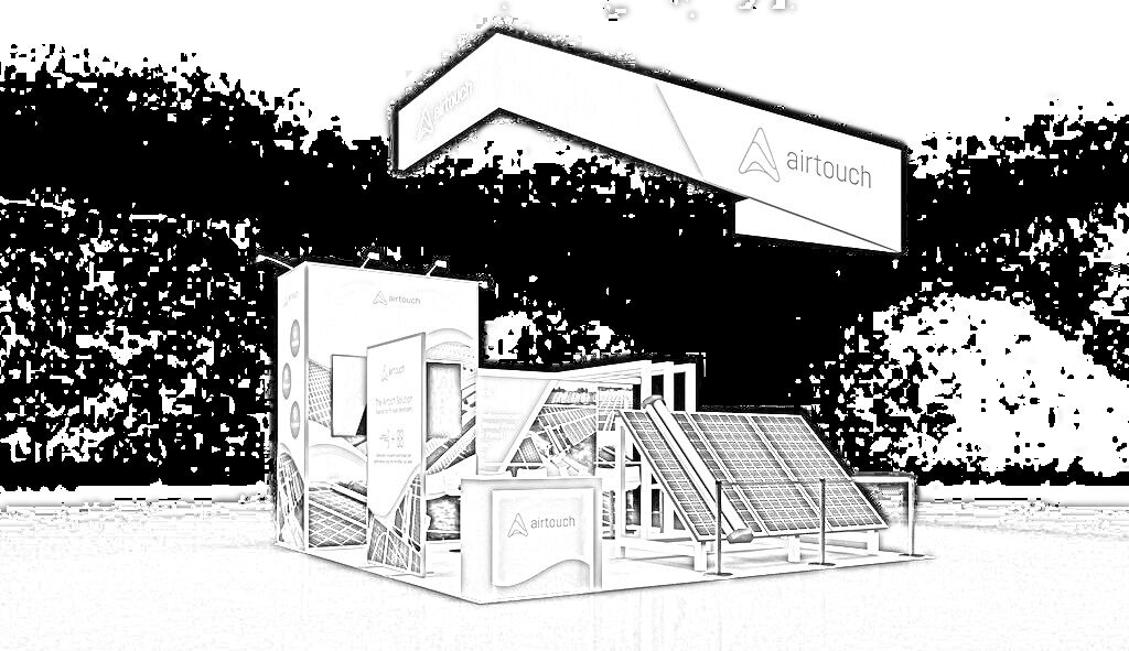 Airtouch Solar concept sketch: an angular hanging sign above a tilted solar-panel demonstration