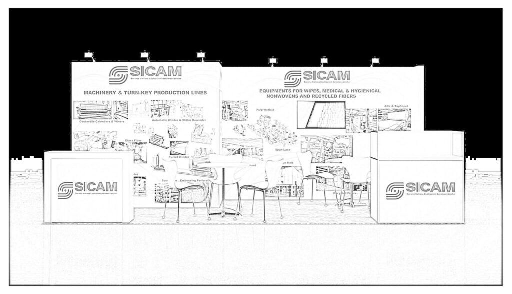 SICAM concept sketch: a wide graphic wall beneath a long overhead sign with display counters