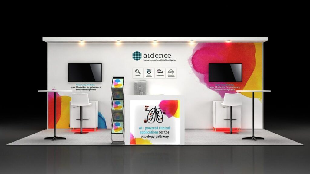Aidence 3D rendering: an angular overhead frame above product graphics and reception counters