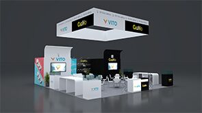 TFI Labs Inc 3D rendering: a rectangular hanging sign above product counters and meeting tables
